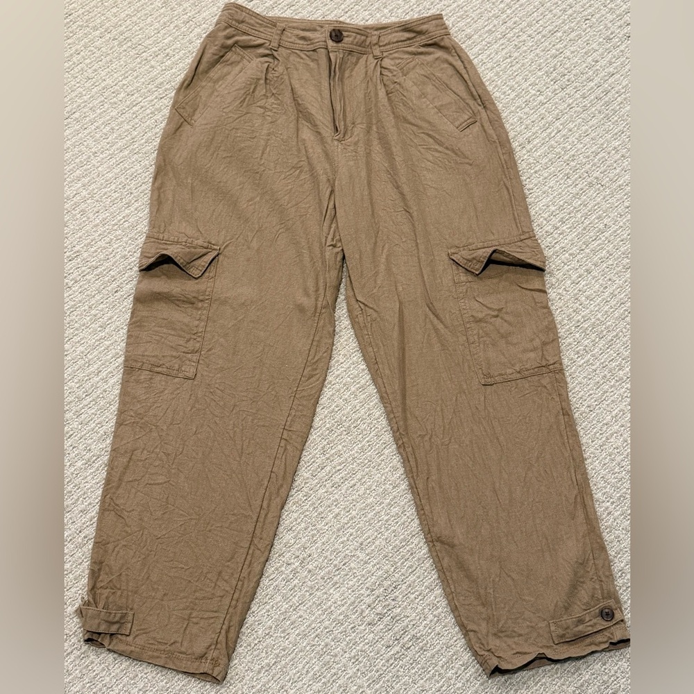A New Day Size 4 Tan Linen Blend Cargo Pants Wide Leg Button Hem